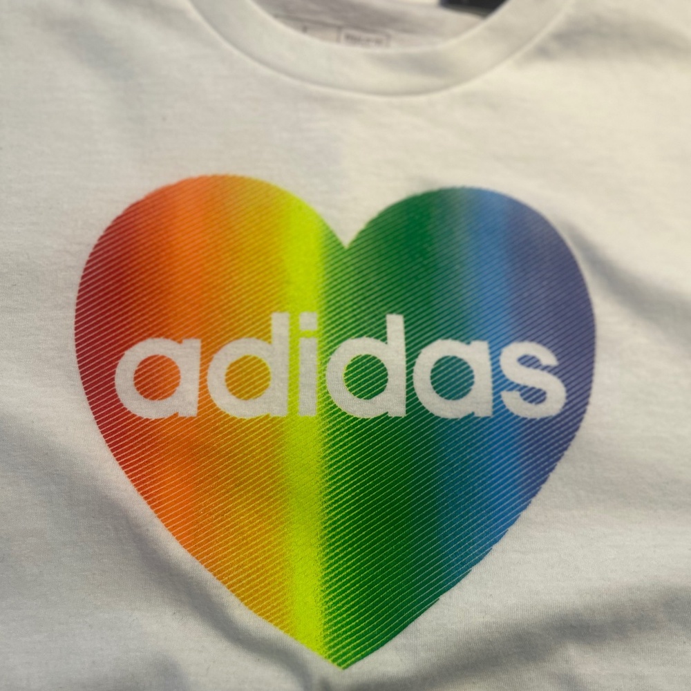 NWT Adidas Pride Multi-Colored Heart Graphic White T-shirt